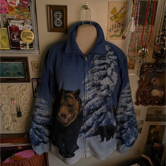 Vintage Bear Print Fleece Jacket Unisex Medium Blue Full Zip Mock Neck - Picture 1 of 7